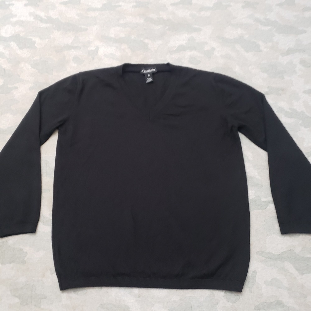Quabiana Sweater Womens XL Black V-Neck 100% Extra Fine Merino Wool Pullover
